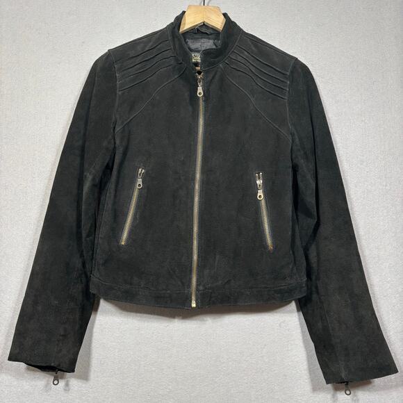 Vtg Seduction Black Suede Moto Jacket Medium Zip Pockets Cropped Edgy Chic - Picture 1 of 6